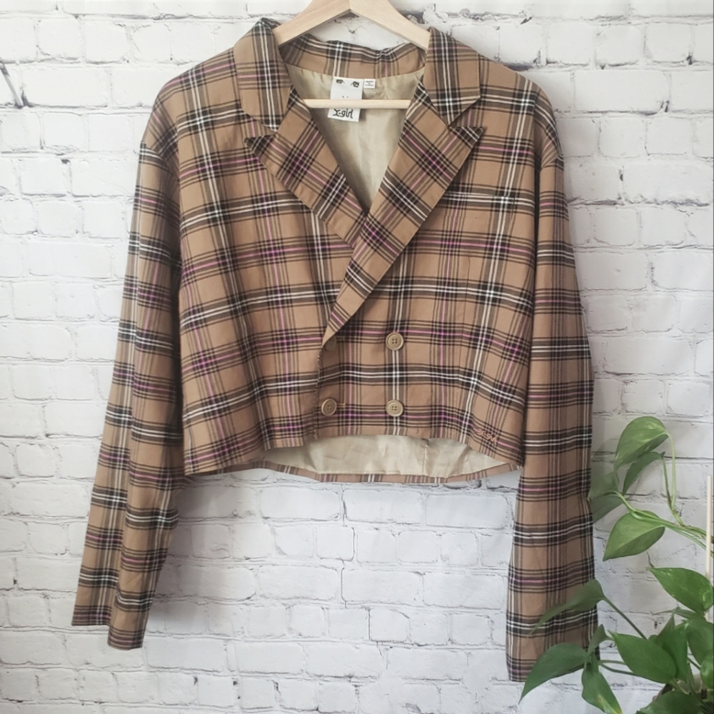 X-girl Light Brown Plaid Double Breasted Cropped Jacket size 2/M